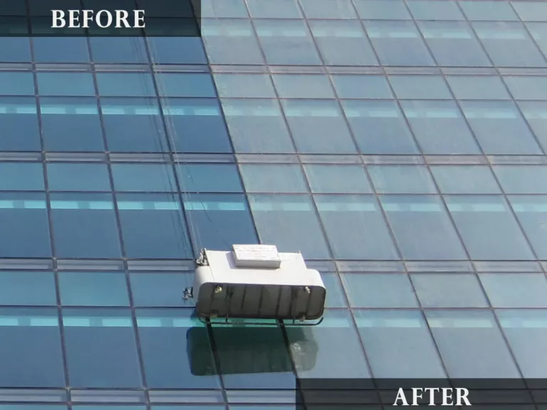 Skyscraper facade during and after high-rise window cleaning with platform lift