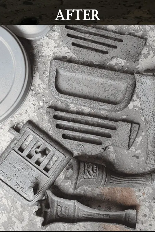 Restored and cleaned antique cast iron stove parts with grime removed, arranged neatly on a clean surface