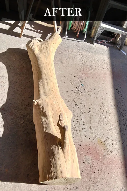 Restored wooden log after scratch removal and surface treatment