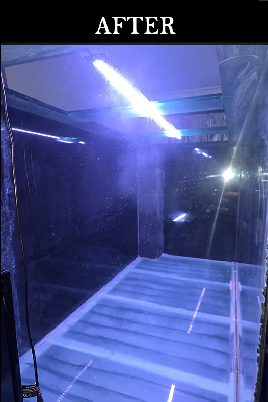 Restored glass aquarium with clear, scratch-free surface and improved light reflection