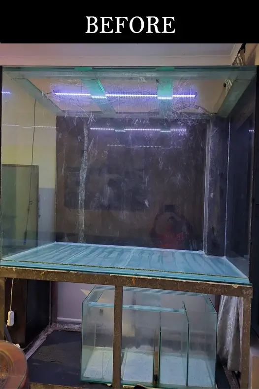Dirty aquarium tank with scratches and residue before cleaning or restoration