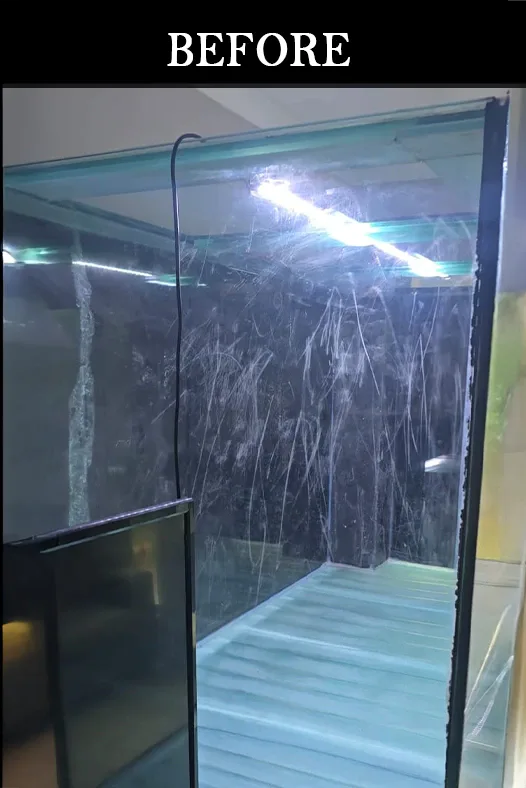 Glass aquarium with visible surface scratches and cloudy reflections before restoration
