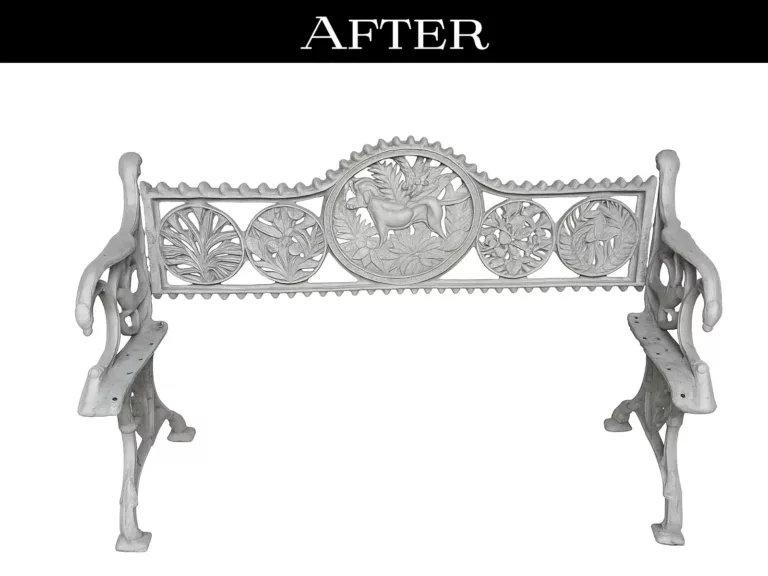 Restored garden bench with clean cast iron and freshly painted slats after sandblasting